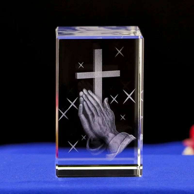 3D Crystal Cube Christian Jesus Cross Figurine Home Decor Virgin Mary Laser Engrave Crystal Religious Gifts for Women'S Birth