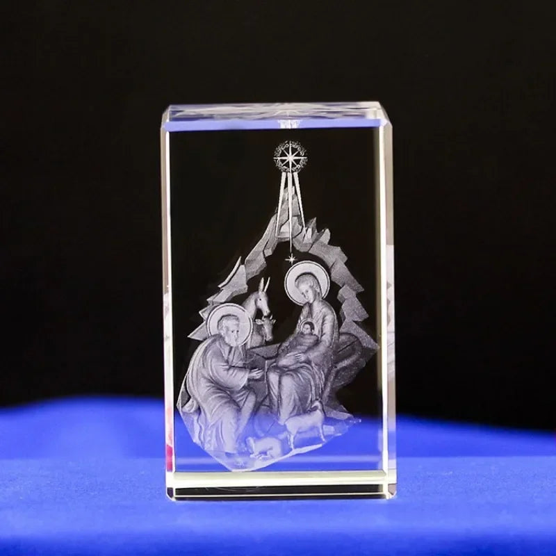 3D Crystal Cube Christian Jesus Cross Figurine Home Decor Virgin Mary Laser Engrave Crystal Religious Gifts for Women'S Birth