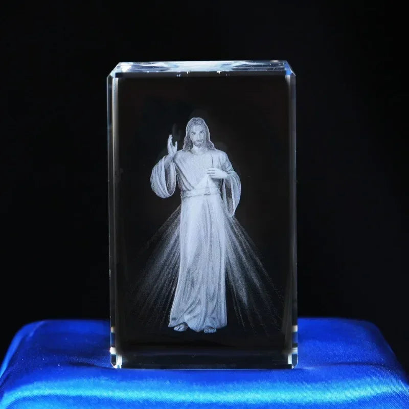 3D Crystal Cube Christian Jesus Cross Figurine Home Decor Virgin Mary Laser Engrave Crystal Religious Gifts for Women'S Birth