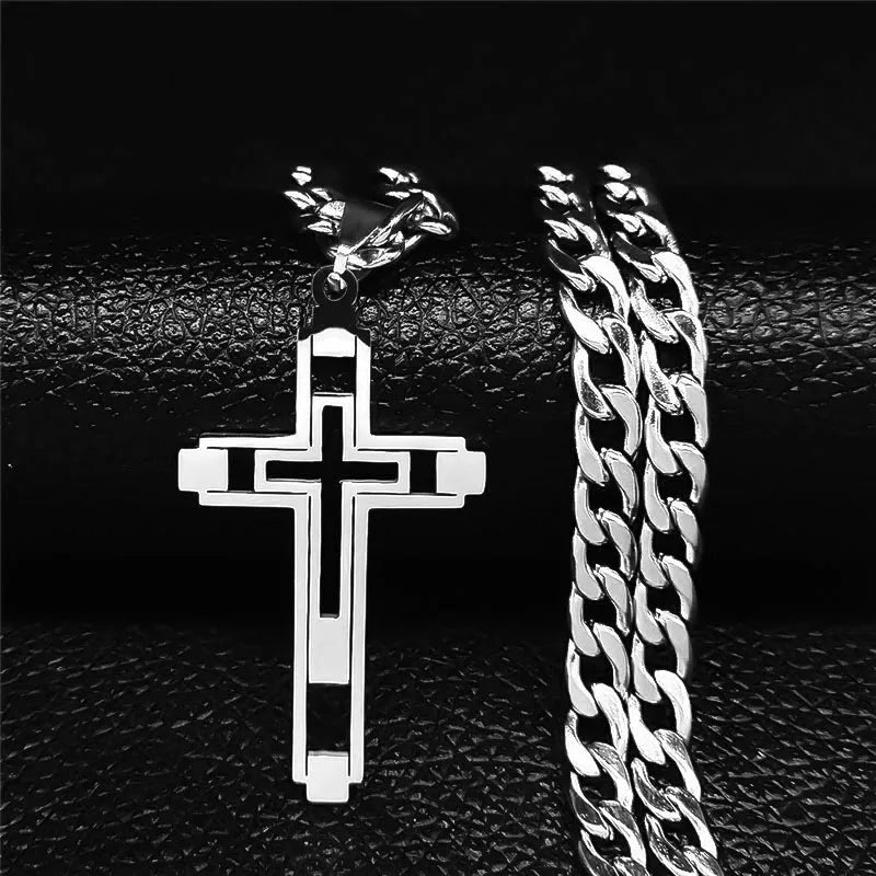 2024 Hip Hop Cross Stainless Steel Chain Necklaces Gold Color Long Pendant Necklace for Women/Men Jewelry Collier Homme N6055S05