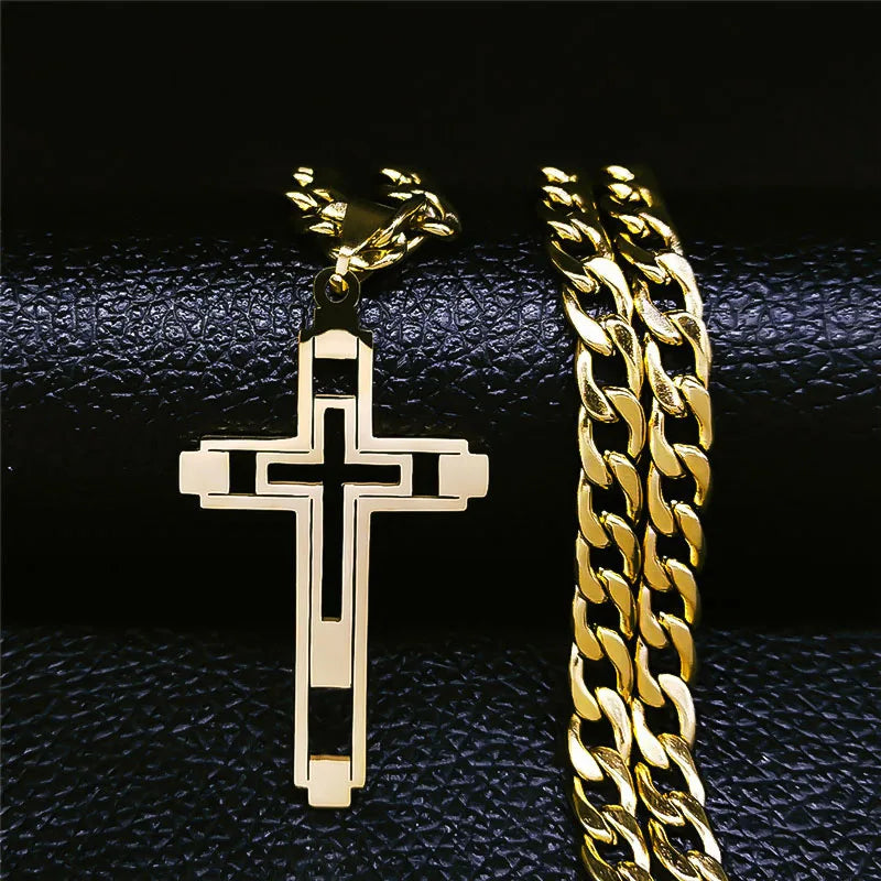 2024 Hip Hop Cross Stainless Steel Chain Necklaces Gold Color Long Pendant Necklace for Women/Men Jewelry Collier Homme N6055S05