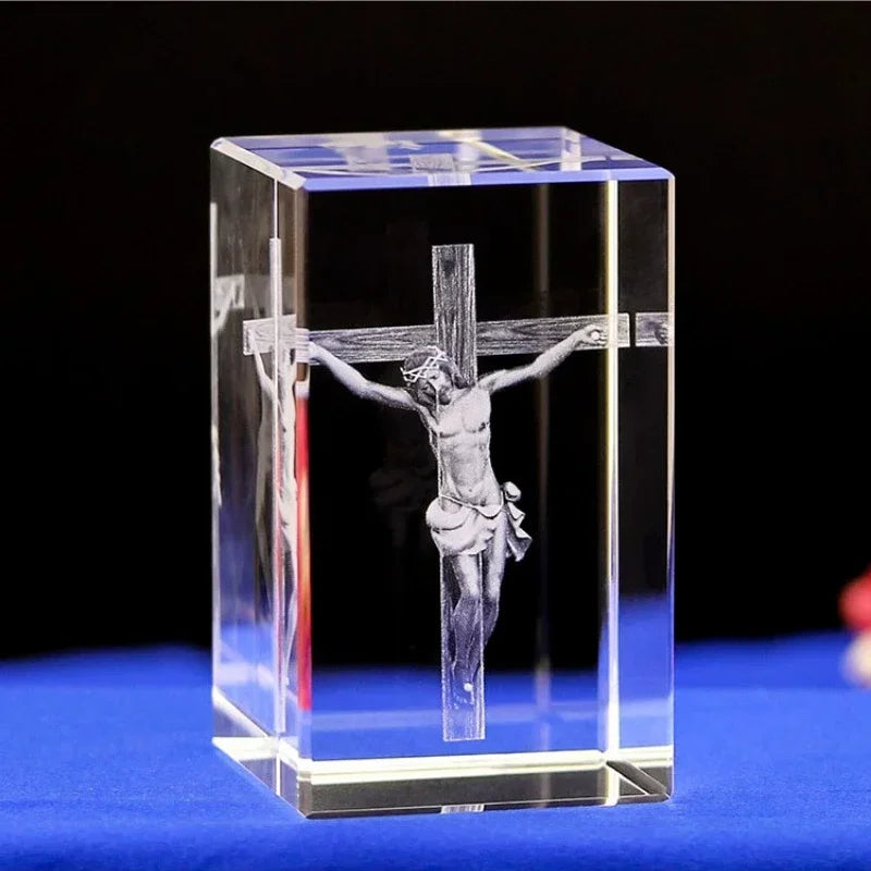 3D Crystal Cube Christian Jesus Cross Figurine Home Decor Virgin Mary Laser Engrave Crystal Religious Gifts for Women'S Birth