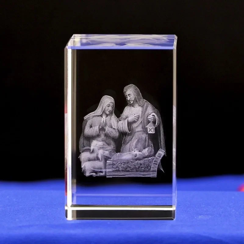3D Crystal Cube Christian Jesus Cross Figurine Home Decor Virgin Mary Laser Engrave Crystal Religious Gifts for Women'S Birth