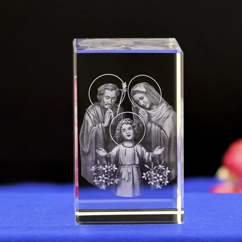 3D Crystal Cube Christian Jesus Cross Figurine Home Decor Virgin Mary Laser Engrave Crystal Religious Gifts for Women'S Birth
