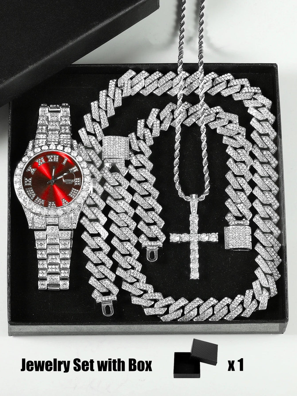 Iced Out Luxury Popular Set Watch+Bracelet+Necklace with Gift Box Cuban Chain Cross Pendent Jewelry Hiphop Style for Men Women