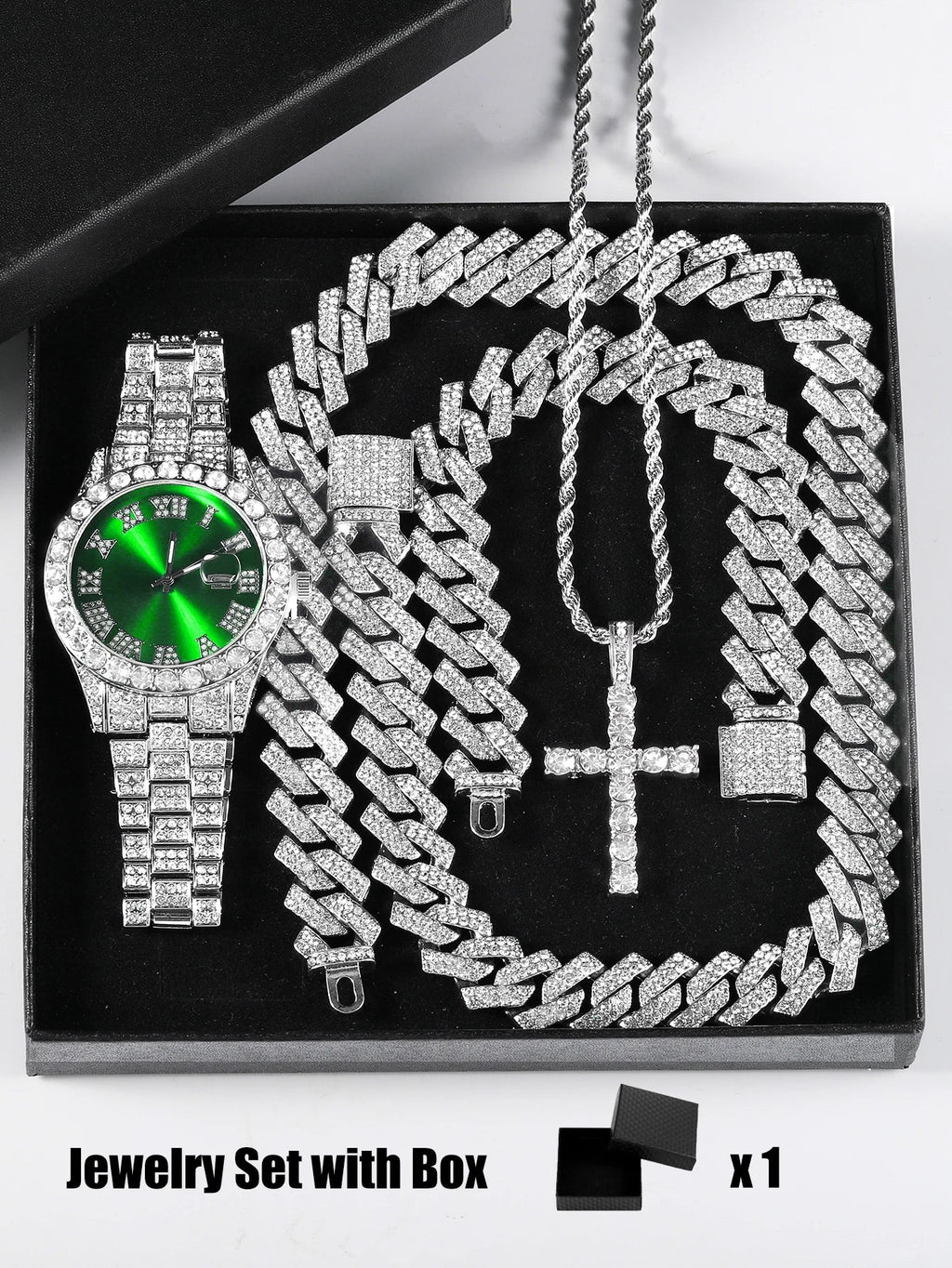 Iced Out Luxury Popular Set Watch+Bracelet+Necklace with Gift Box Cuban Chain Cross Pendent Jewelry Hiphop Style for Men Women