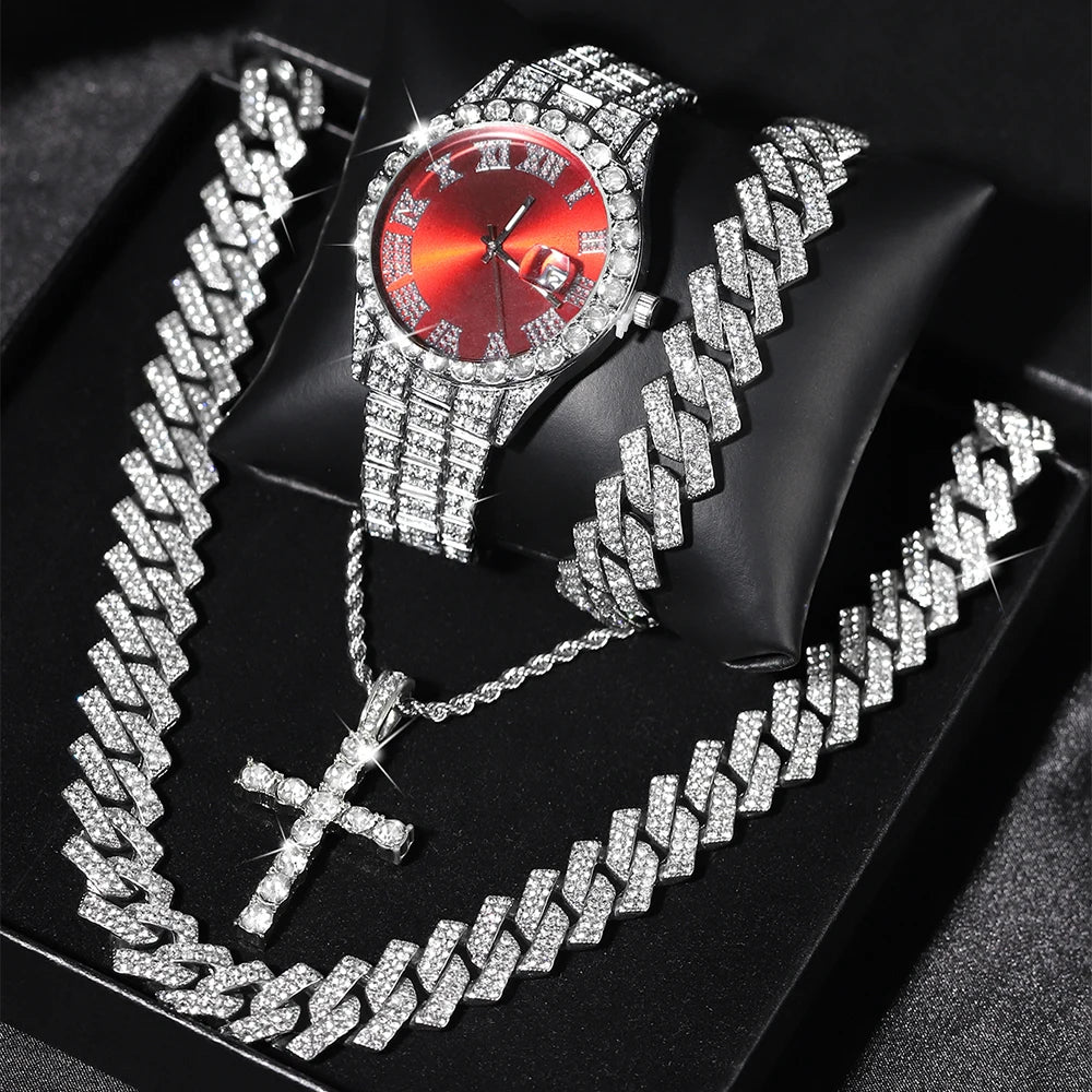 Iced Out Luxury Popular Set Watch+Bracelet+Necklace with Gift Box Cuban Chain Cross Pendent Jewelry Hiphop Style for Men Women