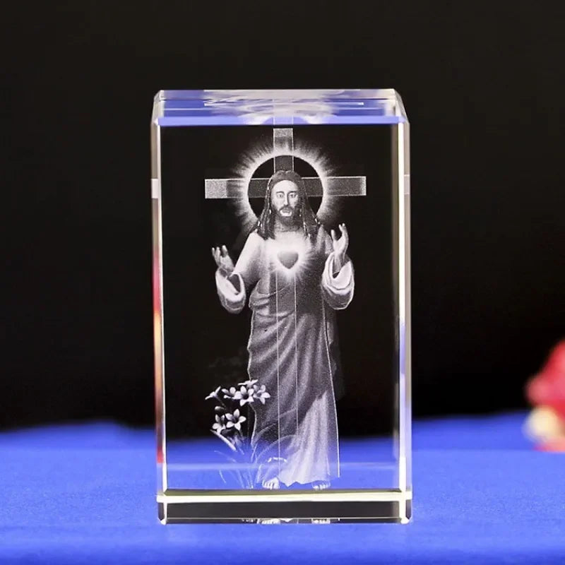 3D Crystal Cube Christian Jesus Cross Figurine Home Decor Virgin Mary Laser Engrave Crystal Religious Gifts for Women'S Birth