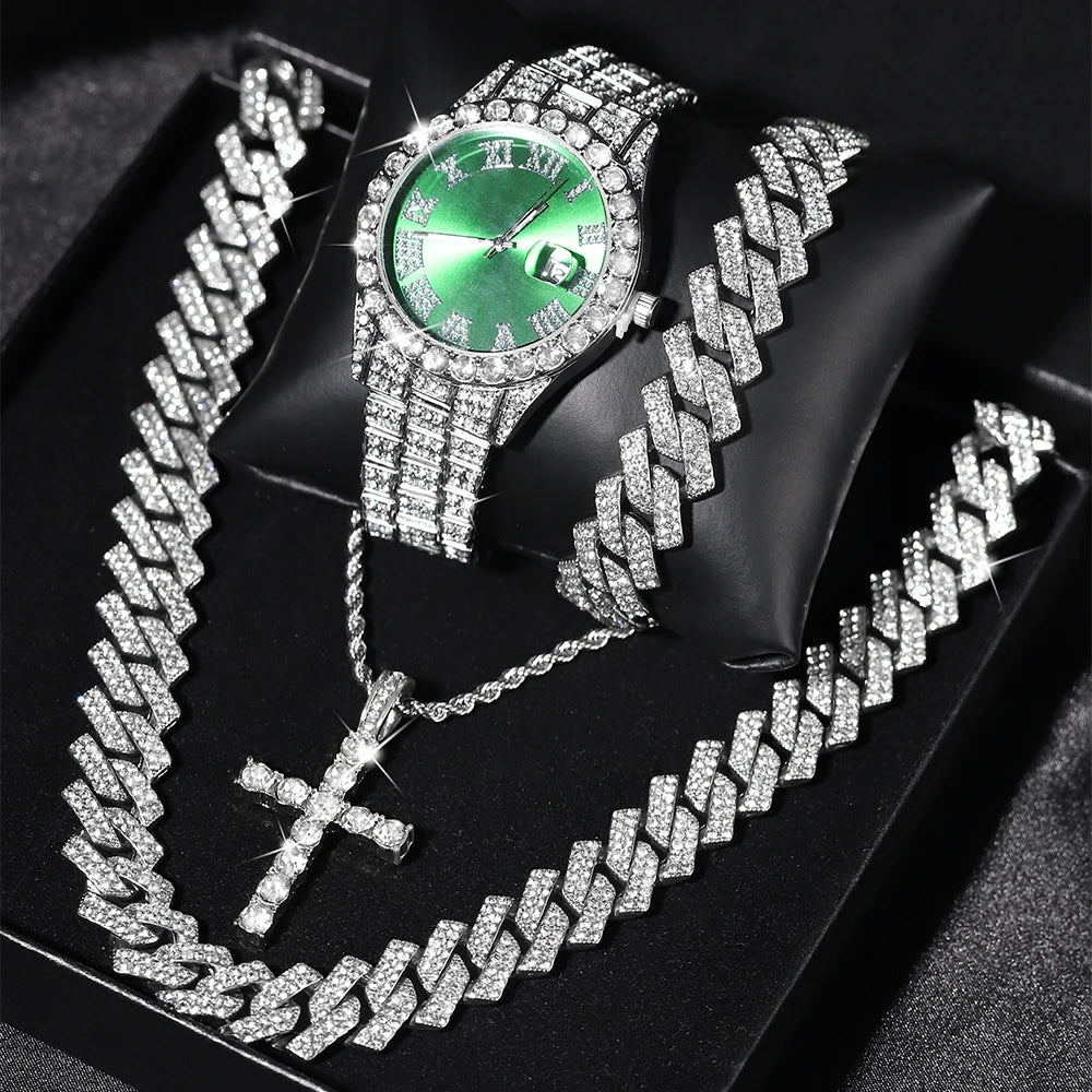 Iced Out Luxury Popular Set Watch+Bracelet+Necklace with Gift Box Cuban Chain Cross Pendent Jewelry Hiphop Style for Men Women