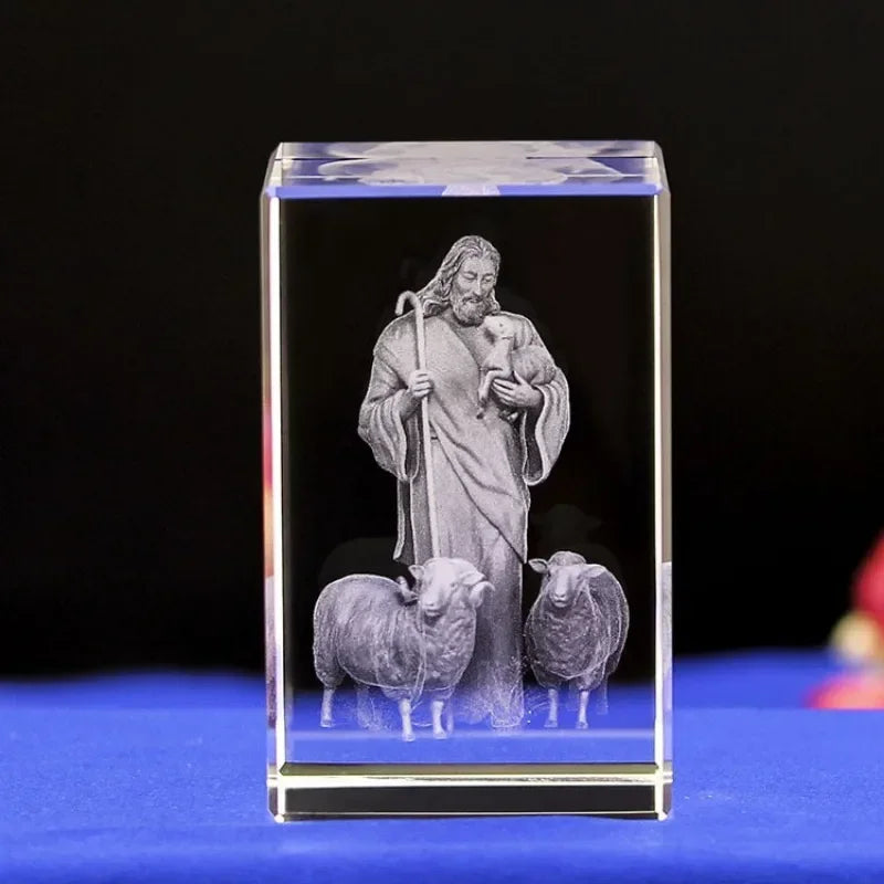 3D Crystal Cube Christian Jesus Cross Figurine Home Decor Virgin Mary Laser Engrave Crystal Religious Gifts for Women'S Birth